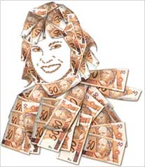 arte em 3D de uma mulher feita de notas de dinheiro para material publicitário