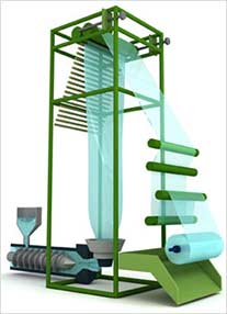 Ilustração publicitária de Infográfico em 3D de fabricação de saco plástico.